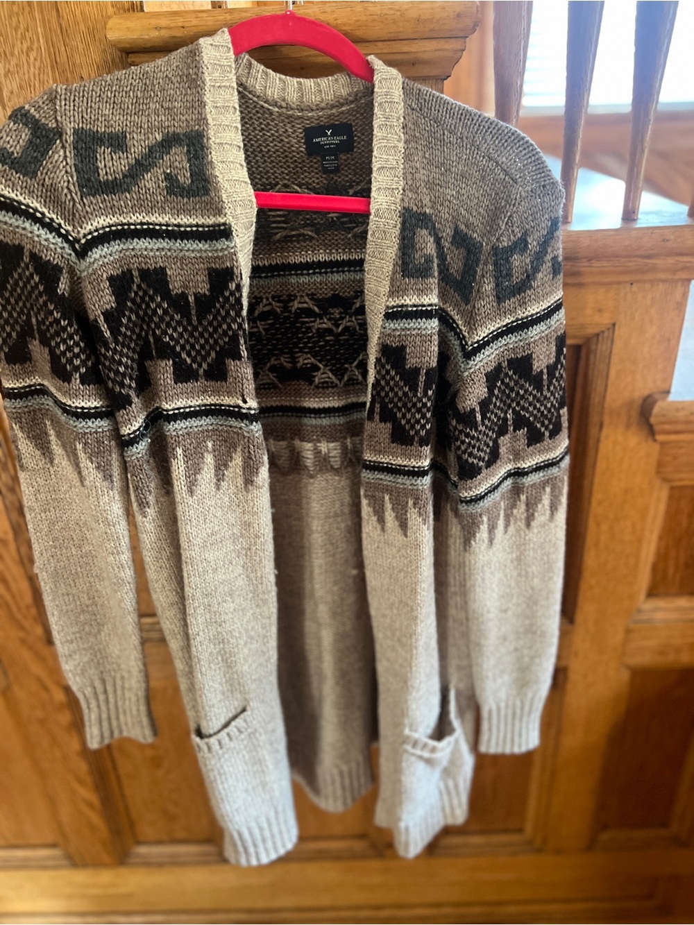 American Eagle Outfitters Beige and Brown Southwestern Open-Front Cardigan